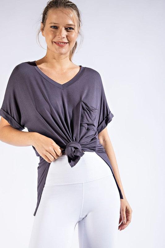 V-Neck Basic High-Low Hem Top - Studio 653