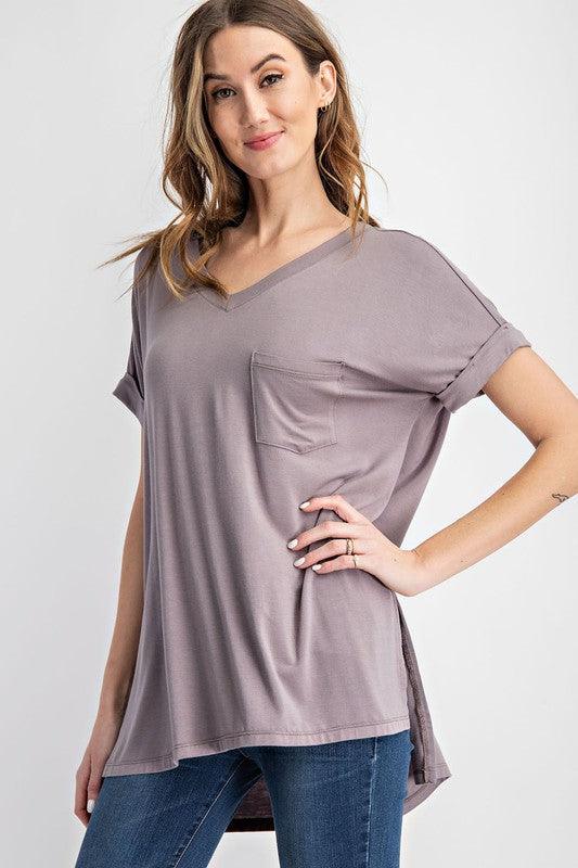 V-Neck Basic High-Low Hem Top - Studio 653