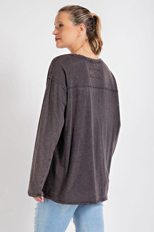 Mineral Washed Round Neckline Long Sleeve Top - Studio 653