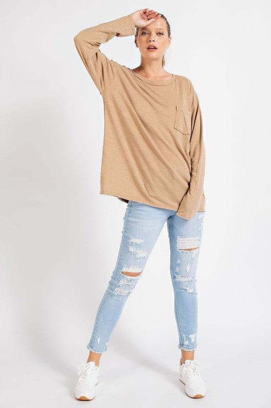 Mineral Washed Round Neckline Long Sleeve Top - Studio 653