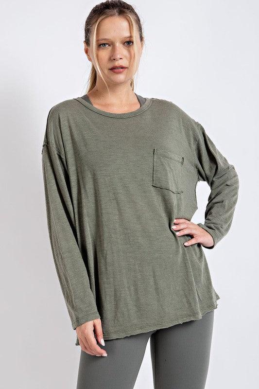 Mineral Washed Round Neckline Long Sleeve Top - Studio 653