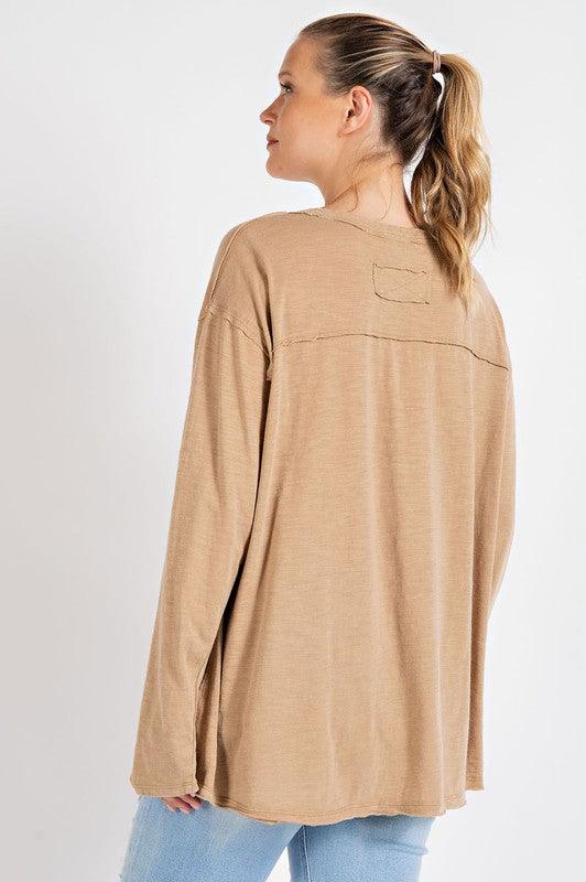 Mineral Washed Round Neckline Long Sleeve Top - Studio 653