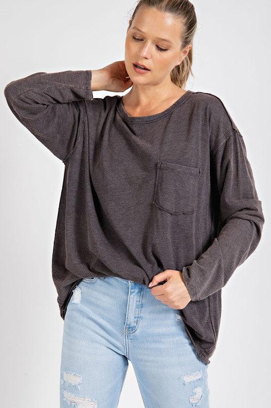 Mineral Washed Round Neckline Long Sleeve Top - Studio 653