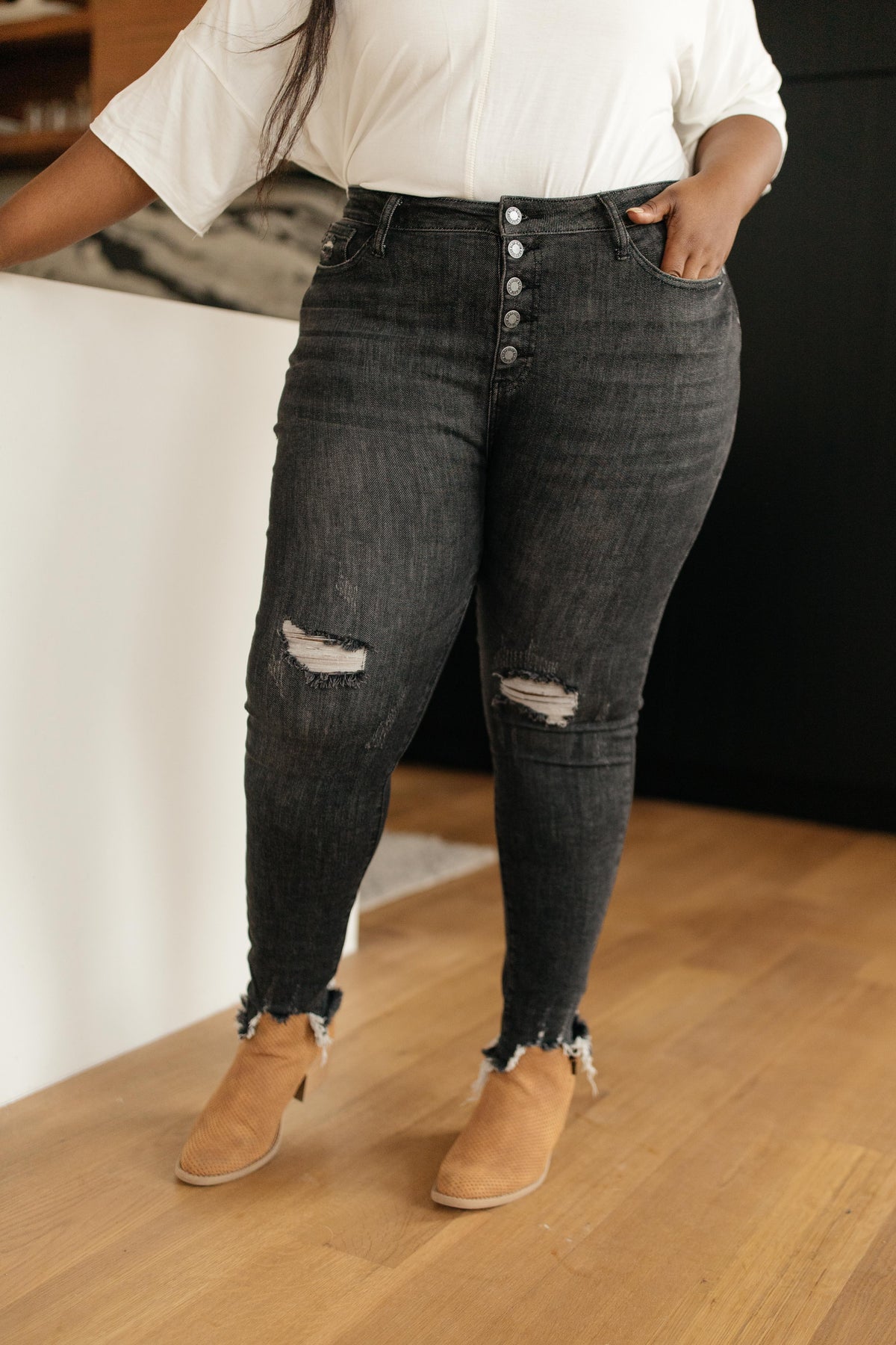 Gray Days Button Rise Jeans - Studio 653