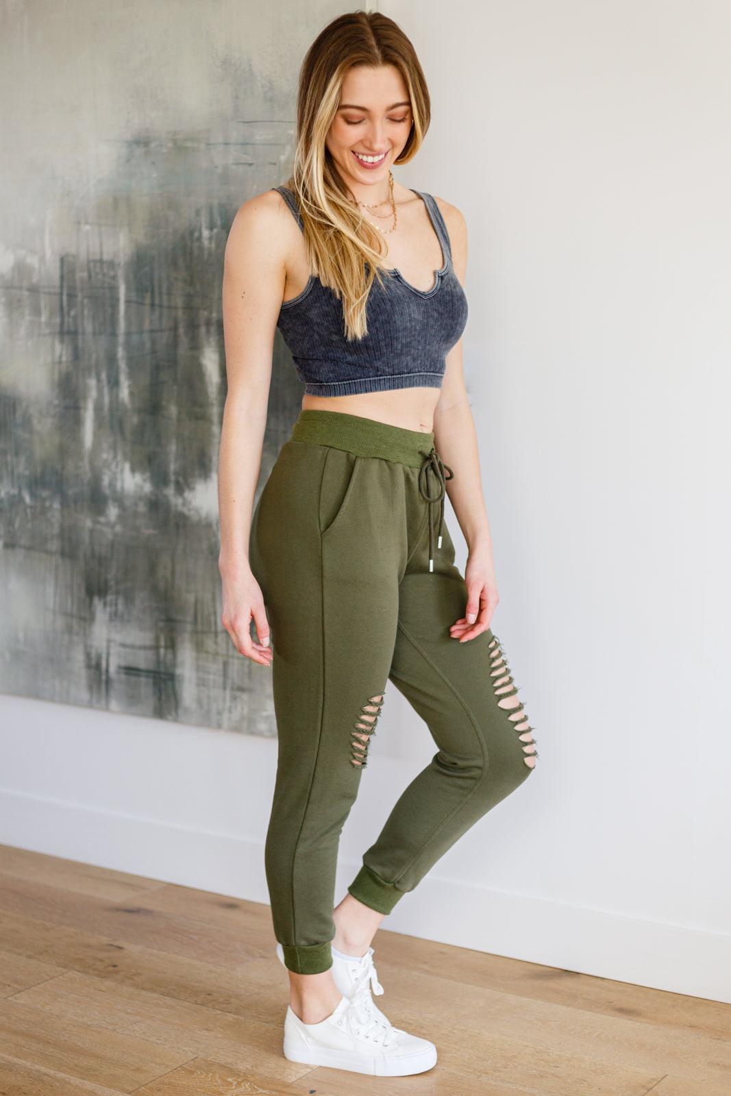 Distressed Joggers in Olive - Studio 653