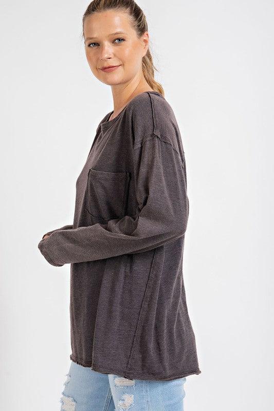 Mineral Washed Round Neckline Long Sleeve Top - Studio 653