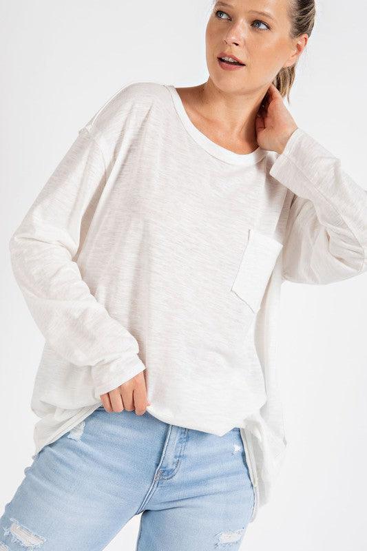 Mineral Washed Round Neckline Long Sleeve Top - Studio 653