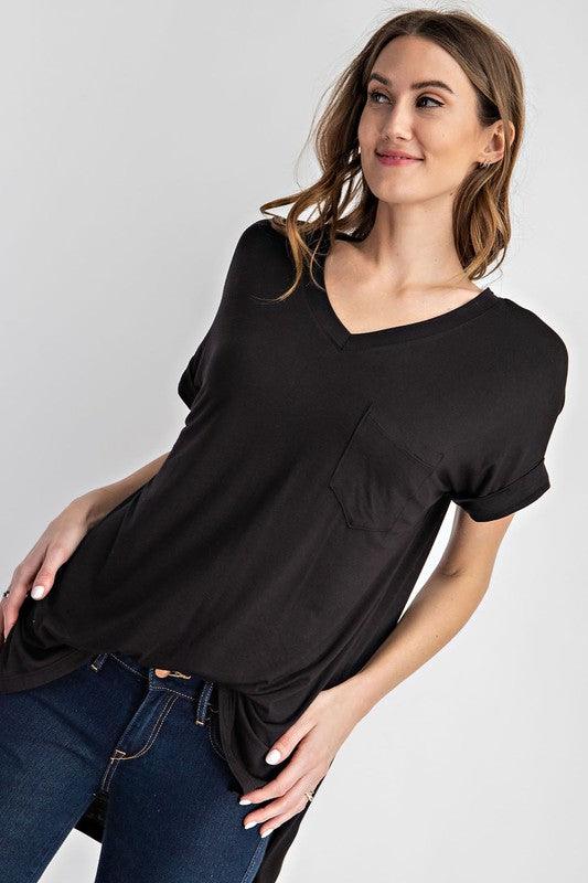 V-Neck Basic High-Low Hem Top - Studio 653