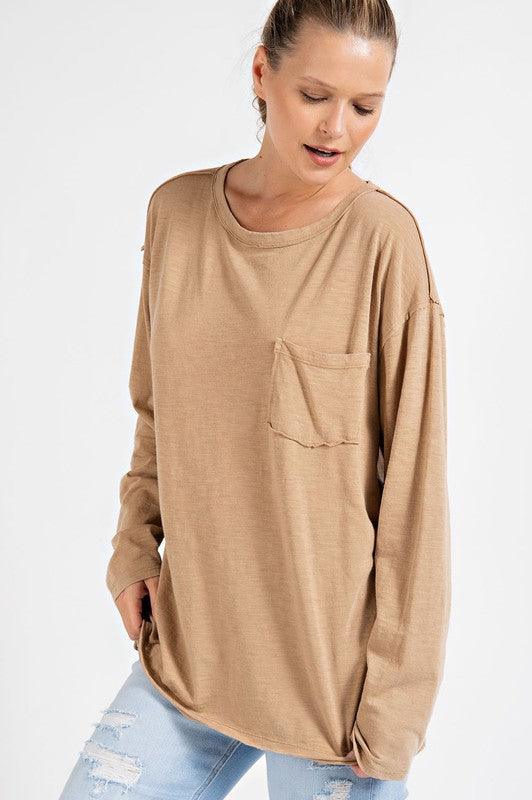 Mineral Washed Round Neckline Long Sleeve Top - Studio 653